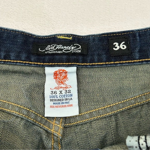 Vintage Ed Hardy Christian Audigier Biker Skull Distressed Denim Jeans Men 36x32 - Picture 8 of 9